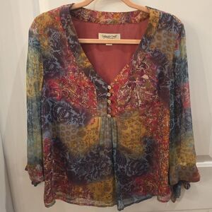 COLDWATER CREEK Silk Peasant Blouse Sz M Boho Fall Paisley Artsy Romantic Top